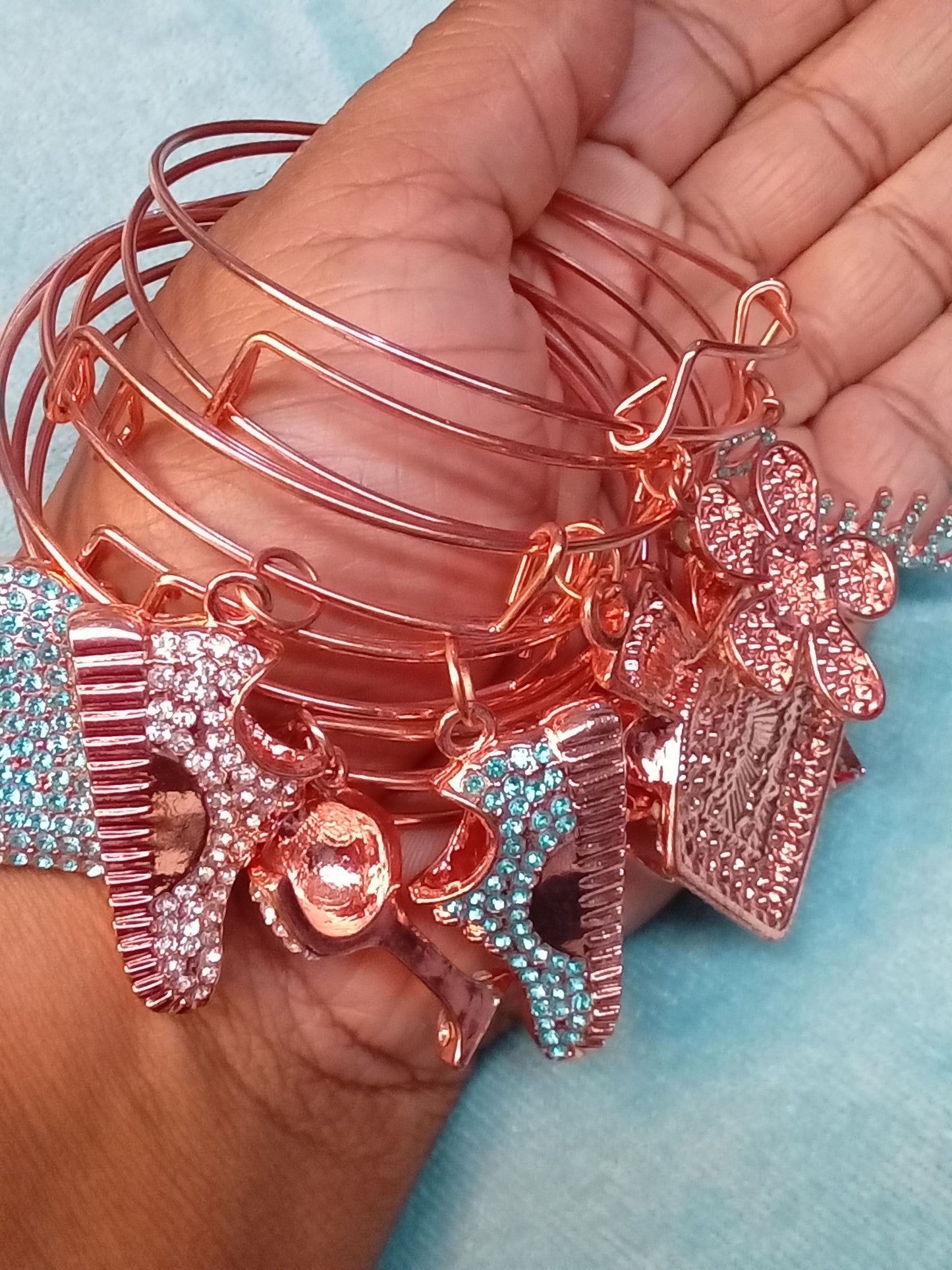 Teal Blue Rose Gold Mystery Random Bling Set 3 bangles